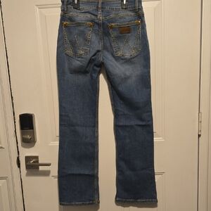 Wrangler Women's Blue Boot Cut Jeans with Gold Stitching